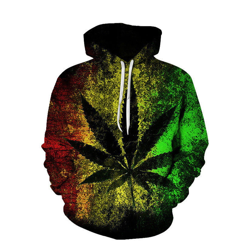 Tri-Color Rasta Hoodie with Canna-Leaf Print