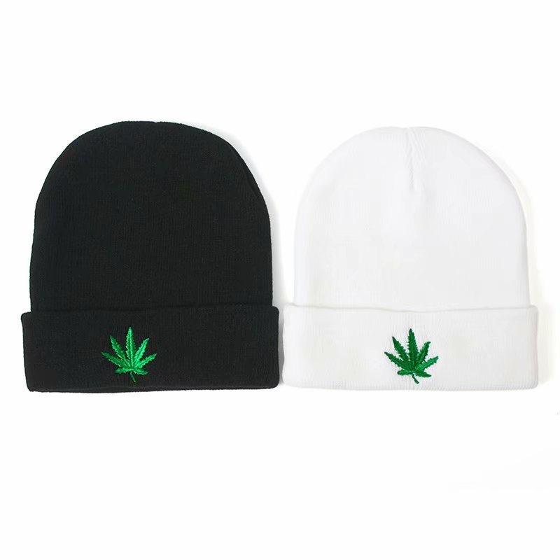 Unisex Knit Beanie with Embroidered Canna-Leaf