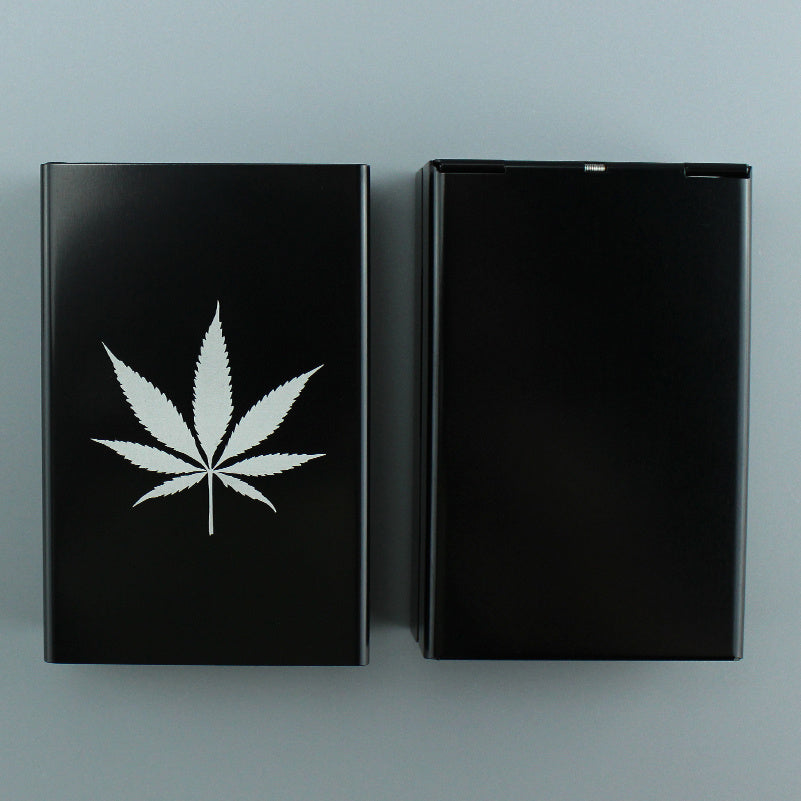 Black Aluminum Alloy Fliptop Cig Case with Canna-Leaf Print