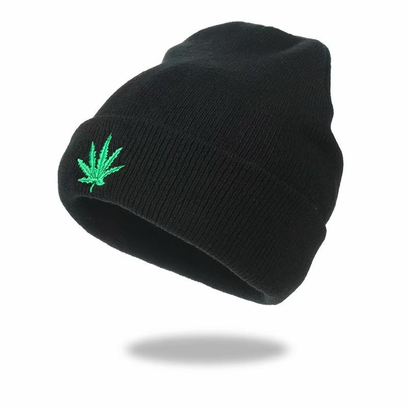 Unisex Knit Beanie with Embroidered Canna-Leaf