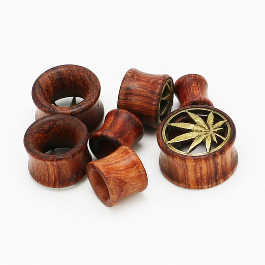 Wood and Metal Ear Gauges 8mm-20mm with Canna-Leaf Detail Inlay