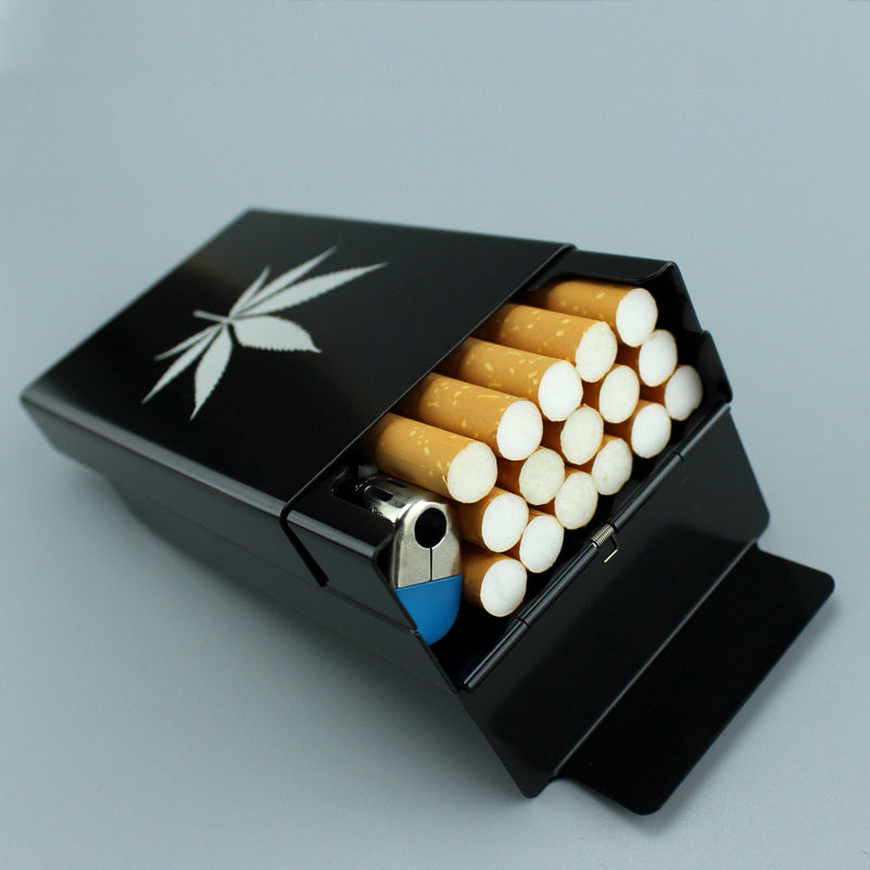 Black Aluminum Alloy Fliptop Cig Case with Canna-Leaf Print