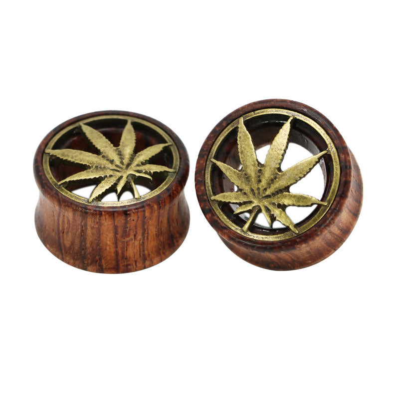 Wood and Metal Ear Gauges 8mm-20mm with Canna-Leaf Detail Inlay