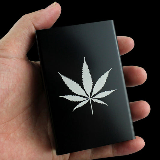 Black Aluminum Alloy Fliptop Cig Case with Canna-Leaf Print