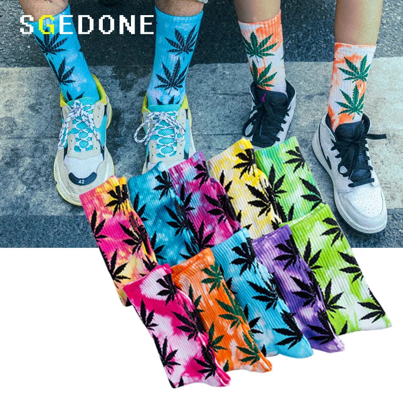 Unisex Tie-Dye Canna-Leaf Tube Skate Socks -1 pair