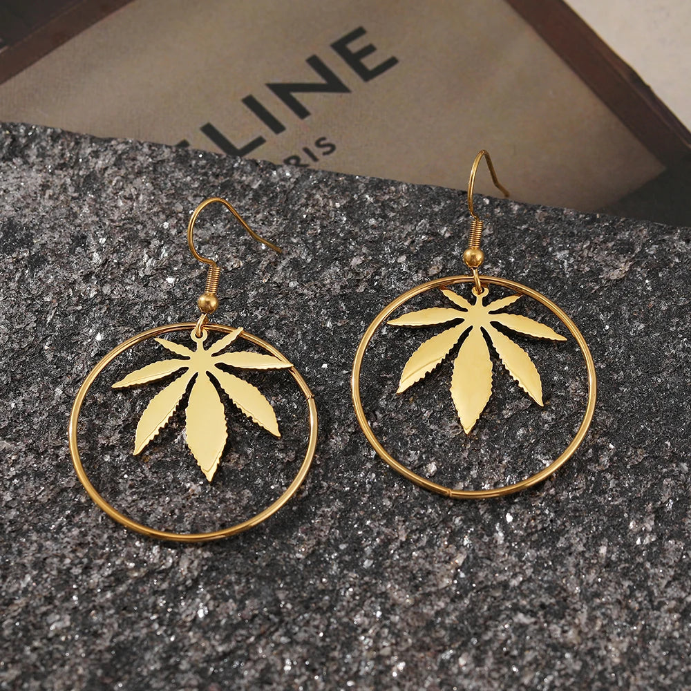 Stainless Steel Hoop Earrings with Canna Leaf Inset in Gold or Silver