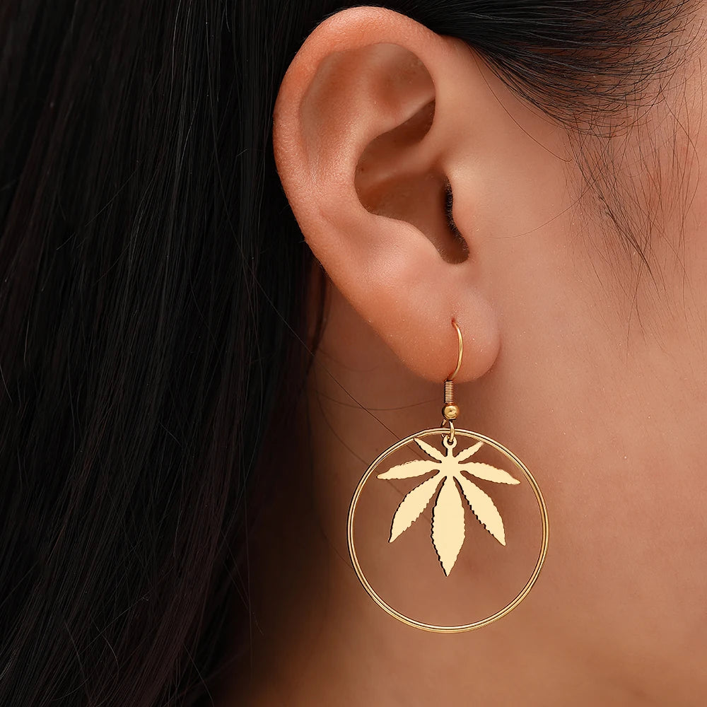 Stainless Steel Hoop Earrings with Canna Leaf Inset in Gold or Silver