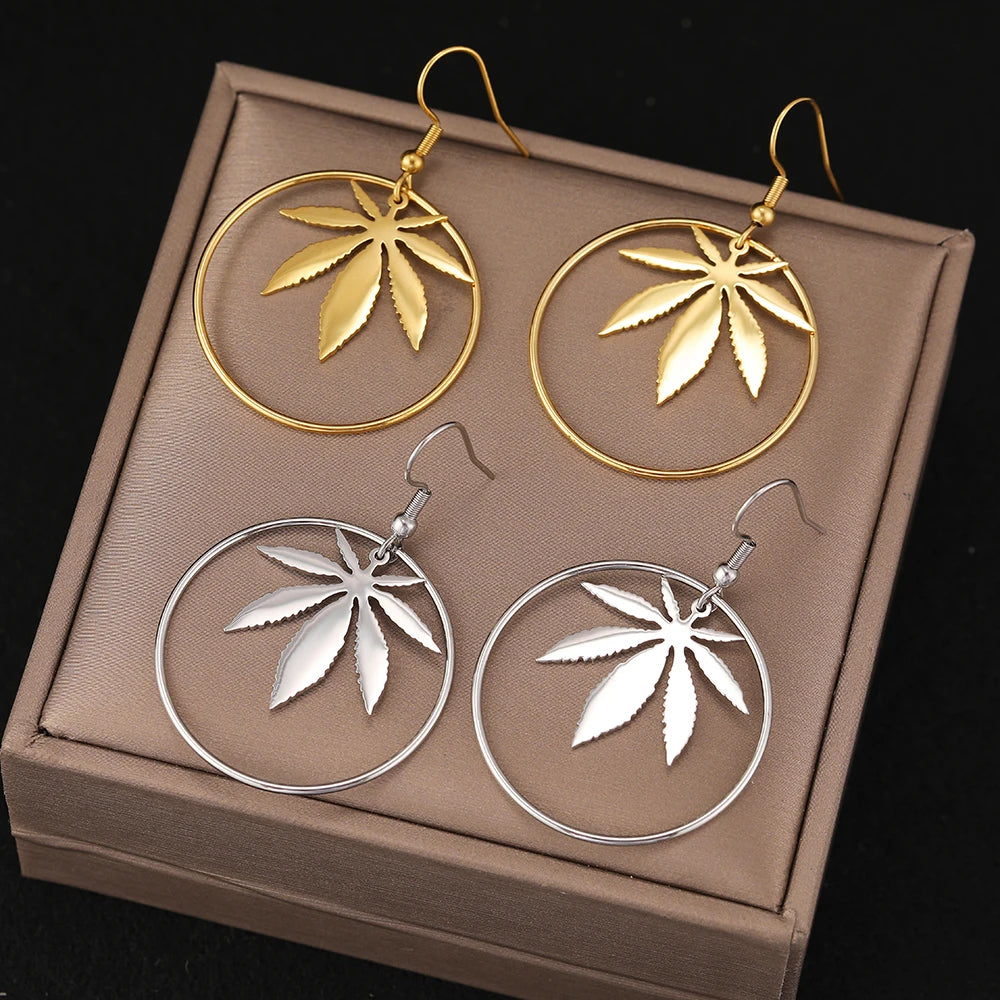 Stainless Steel Hoop Earrings with Canna Leaf Inset in Gold or Silver