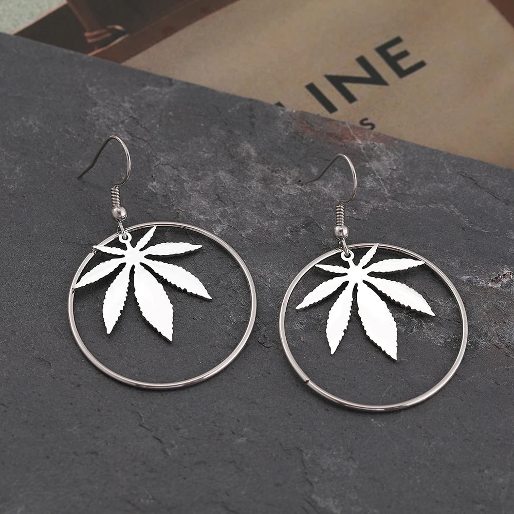 Stainless Steel Hoop Earrings with Canna Leaf Inset in Gold or Silver