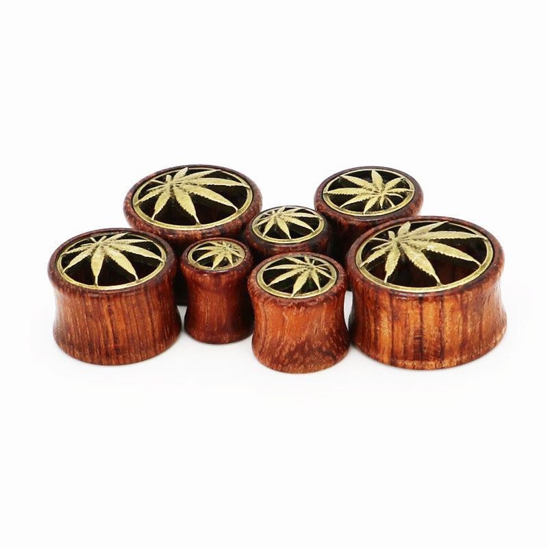 Wood and Metal Ear Gauges 8mm-20mm with Canna-Leaf Detail Inlay