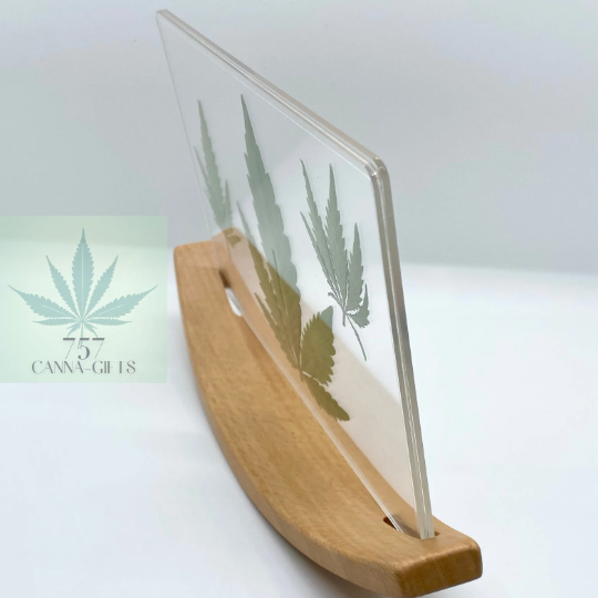 757 Cannagifts REAL Pressed Cannabis Leaves- Curved Wood Base #1