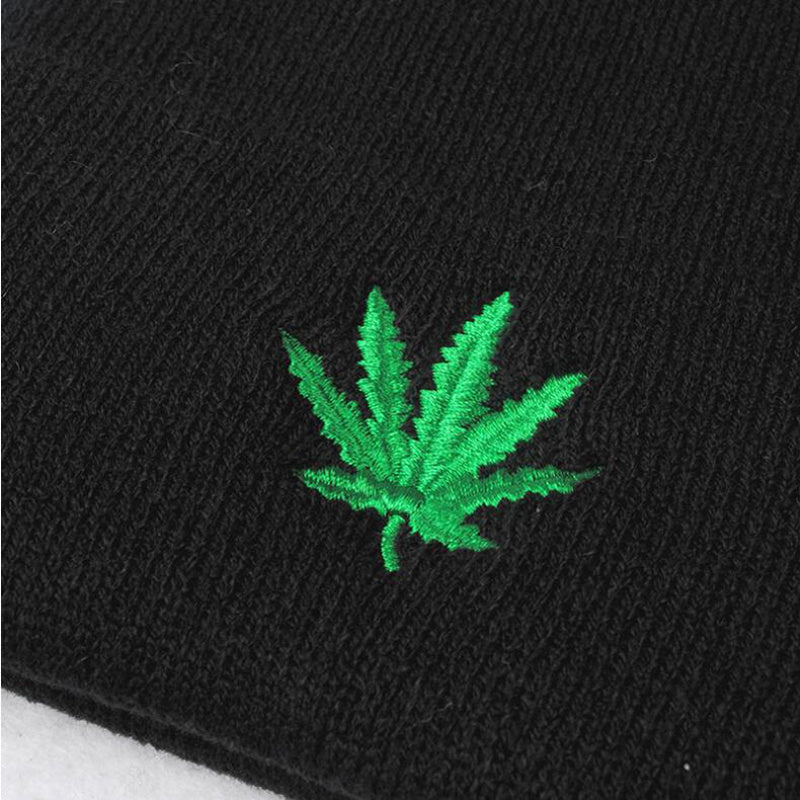 Unisex Knit Beanie with Embroidered Canna-Leaf