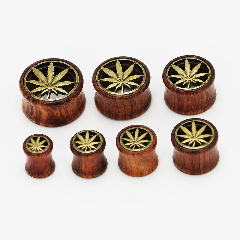 Wood and Metal Ear Gauges 8mm-20mm with Canna-Leaf Detail Inlay